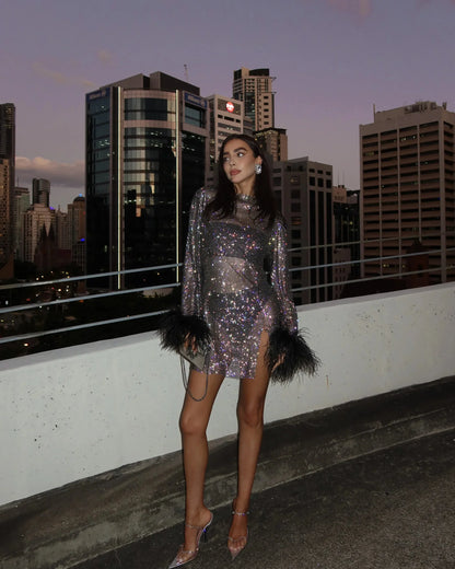 Amira | Metallic Sheer Cuff Feather Mini Dress